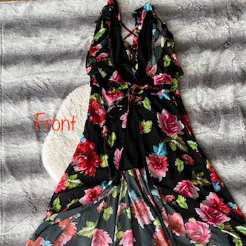 XOXO Flowy Black Coverup with Colorful Floral Detailing